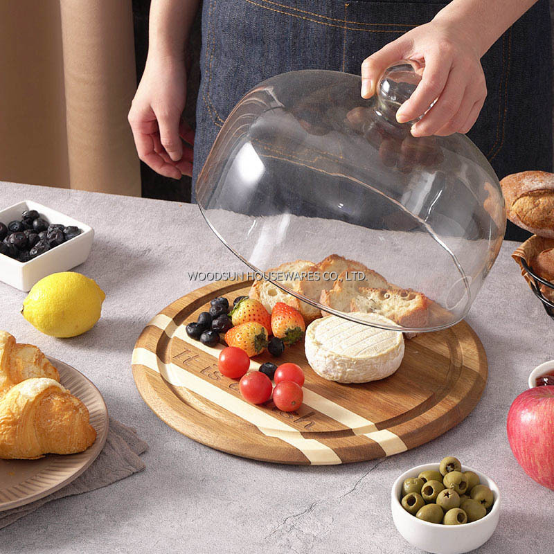 Professional Supplier WoodSun Poplar Acacia Wood Cheese Board Round Cheese Dome With Glass Cover