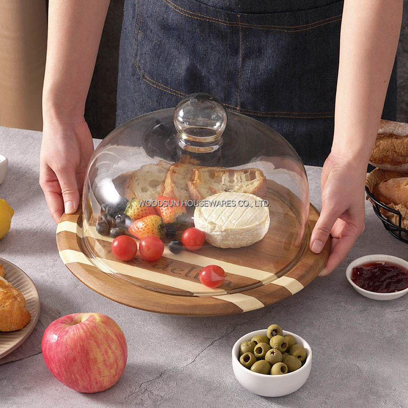 Professional Supplier WoodSun Poplar Acacia Wood Cheese Board Round Cheese Dome With Glass Cover