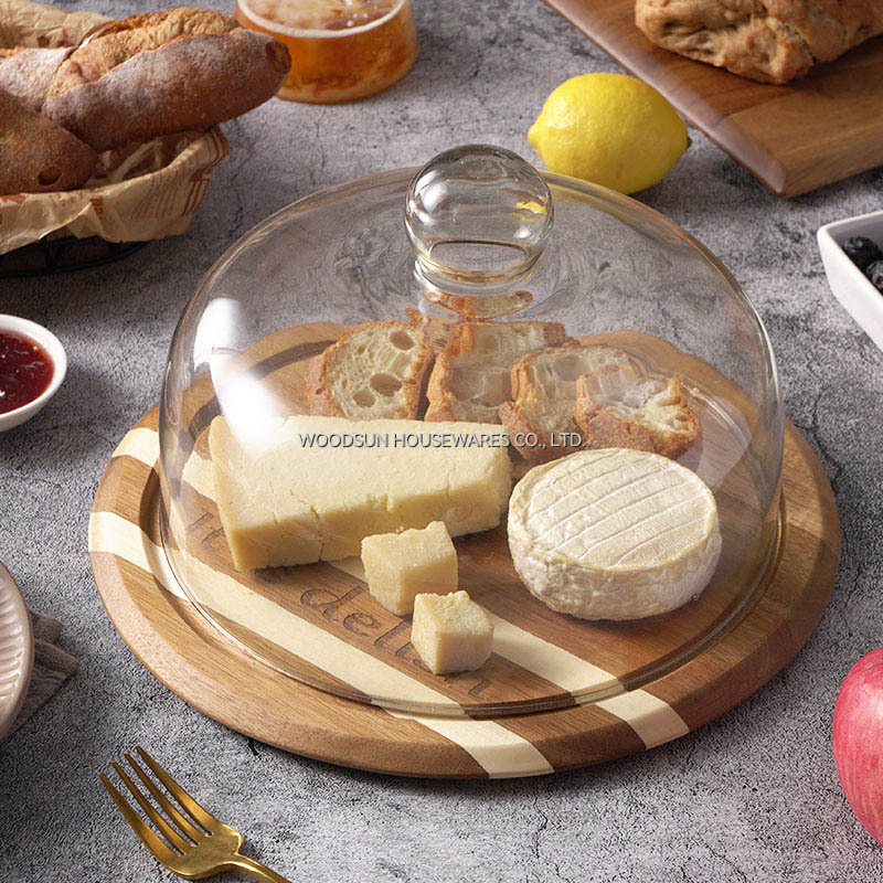 Professional Supplier WoodSun Poplar Acacia Wood Cheese Board Round Cheese Dome With Glass Cover