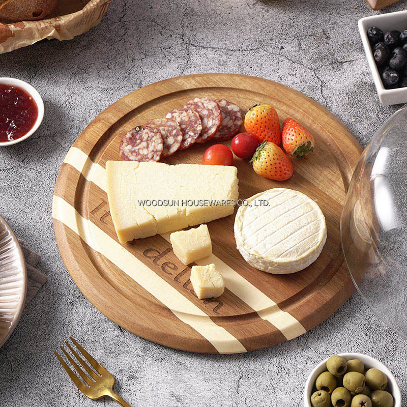 Professional Supplier WoodSun Poplar Acacia Wood Cheese Board Round Cheese Dome With Glass Cover