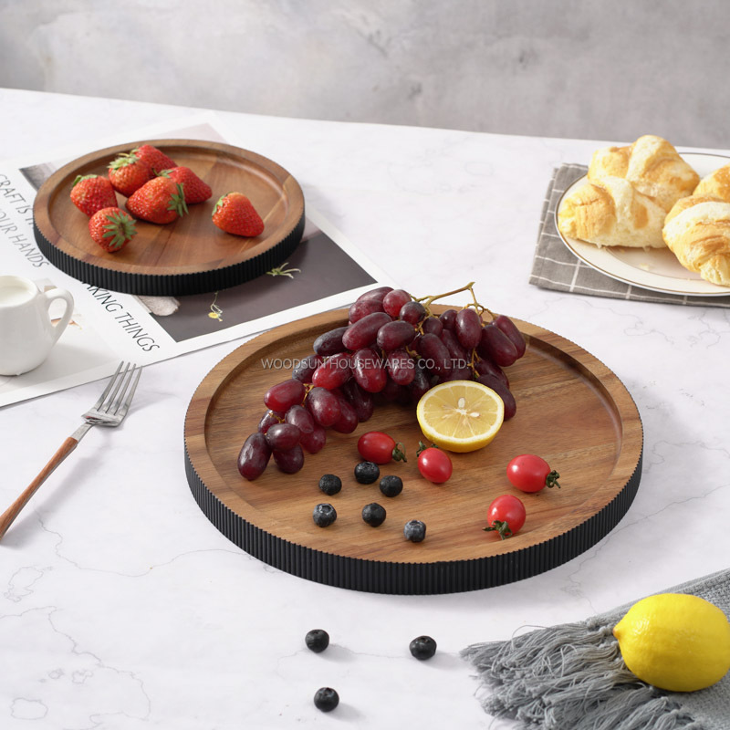 WOODSUN Custom Manufacturer Round Black Wood Plate Appetizer Serving Plate Wooden