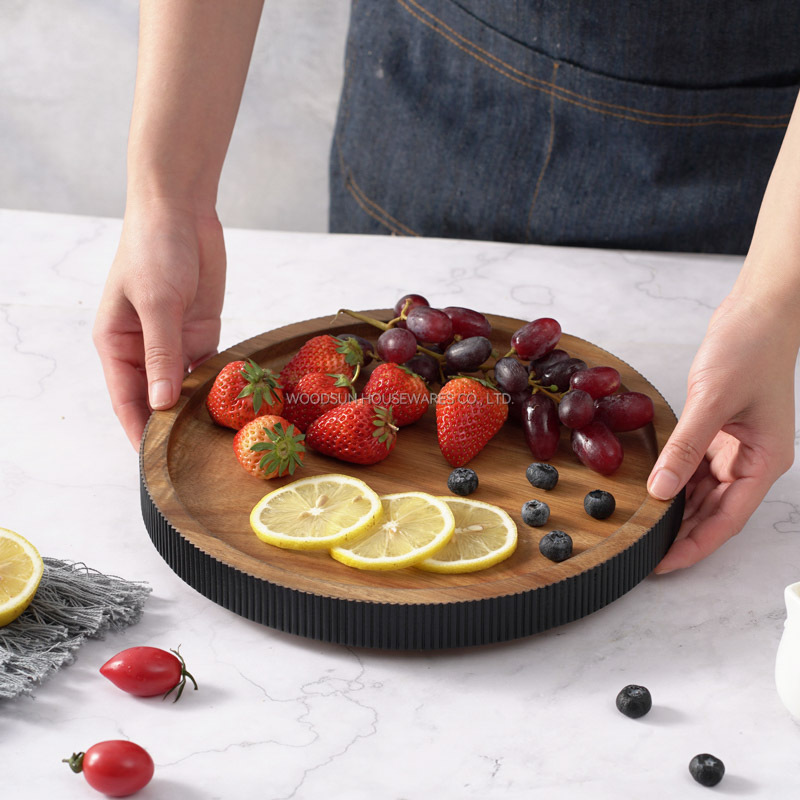 WOODSUN Custom Manufacturer Round Black Wood Plate Appetizer Serving Plate Wooden