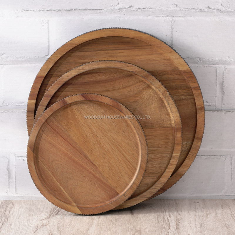 WOODSUN Custom Manufacturer Round Black Wood Plate Appetizer Serving Plate Wooden