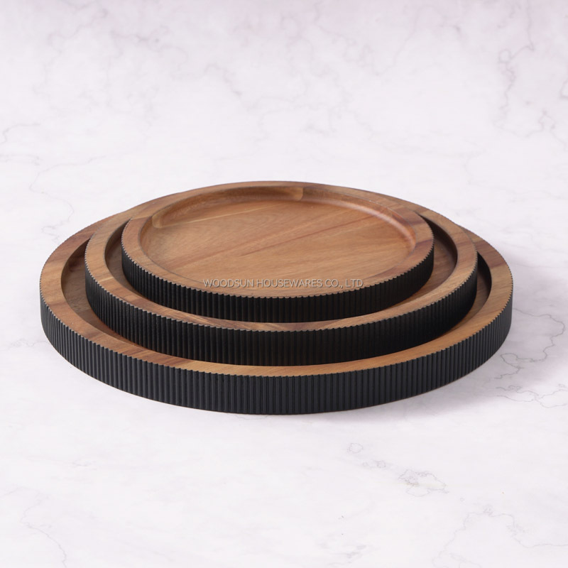 WOODSUN Custom Manufacturer Round Black Wood Plate Appetizer Serving Plate Wooden