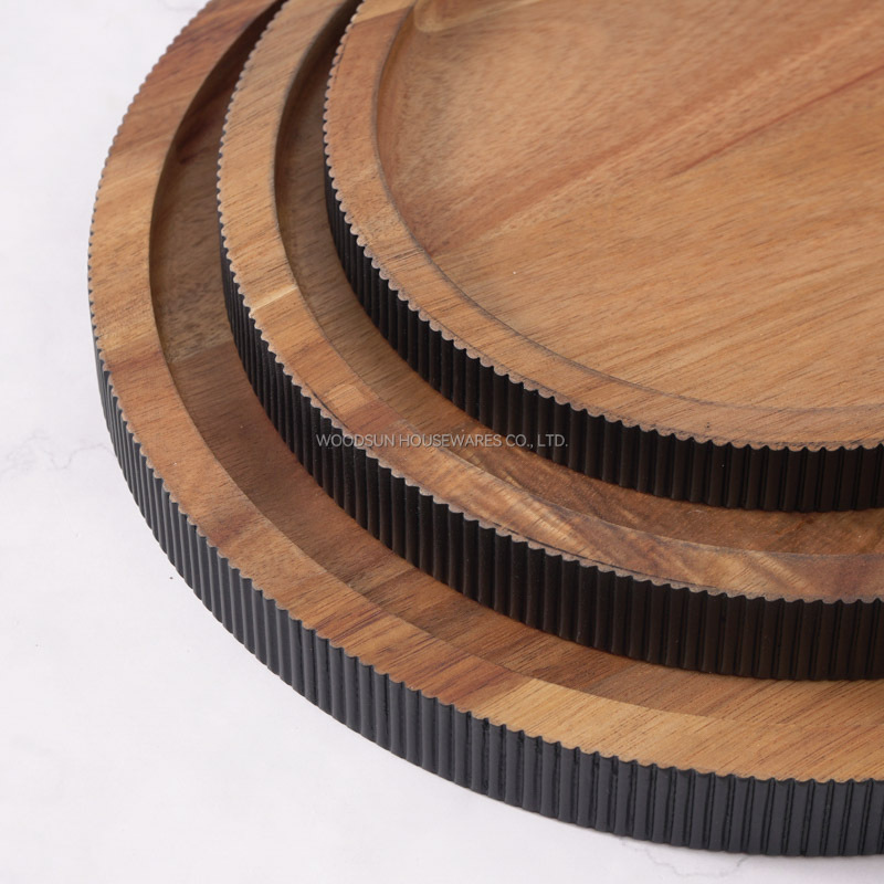 WOODSUN Custom Manufacturer Round Black Wood Plate Appetizer Serving Plate Wooden