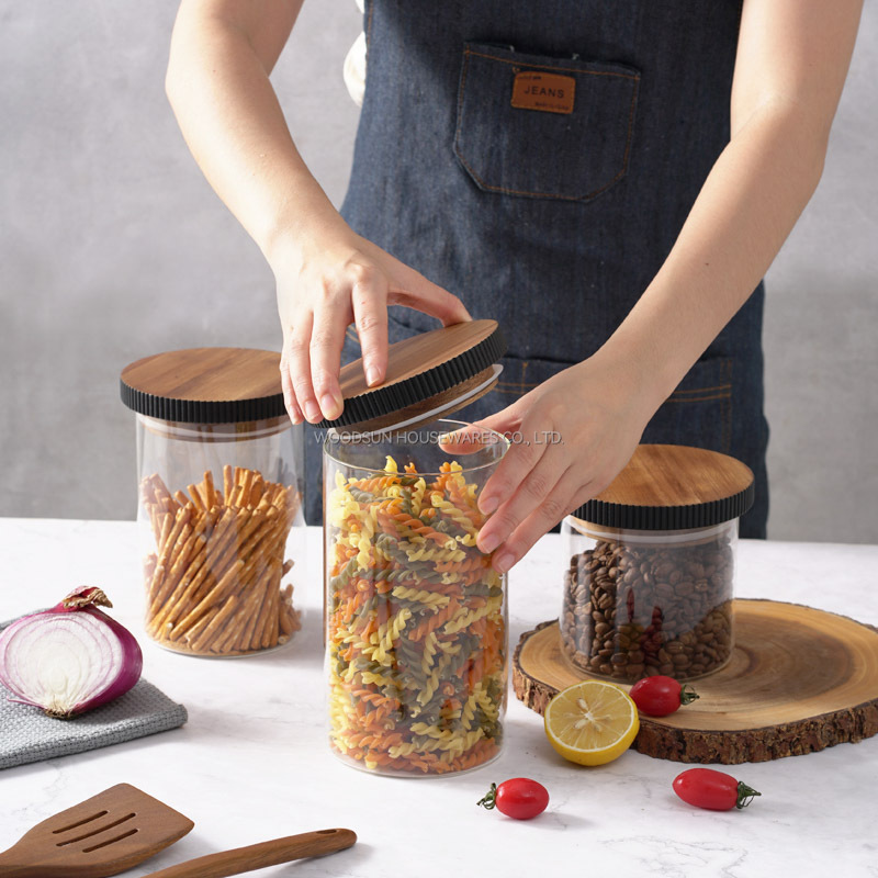Woodsun Acacia Wood Kitchen Food Storage Containers Glass Canister