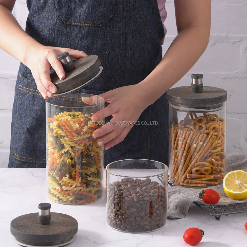 Woodsun Wood Kitchen Food Storage Containers Glass Canister For Sale