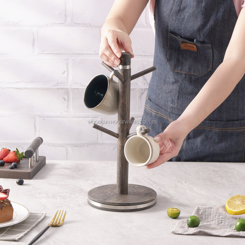 Woodsun Rubber Wood 304SS Sanding Finish Wood Cups Holder Coffee Mug Tree