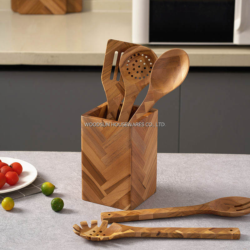 Woodsun Custom Logo Biodegradable Natural Teak Wooden Acacia Kitchen Cooking Spatula Utensil 7 Pc Set