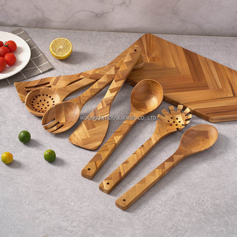 Woodsun Custom Logo Biodegradable Natural Teak Wooden Acacia Kitchen Cooking Spatula Utensil 7 Pc Set