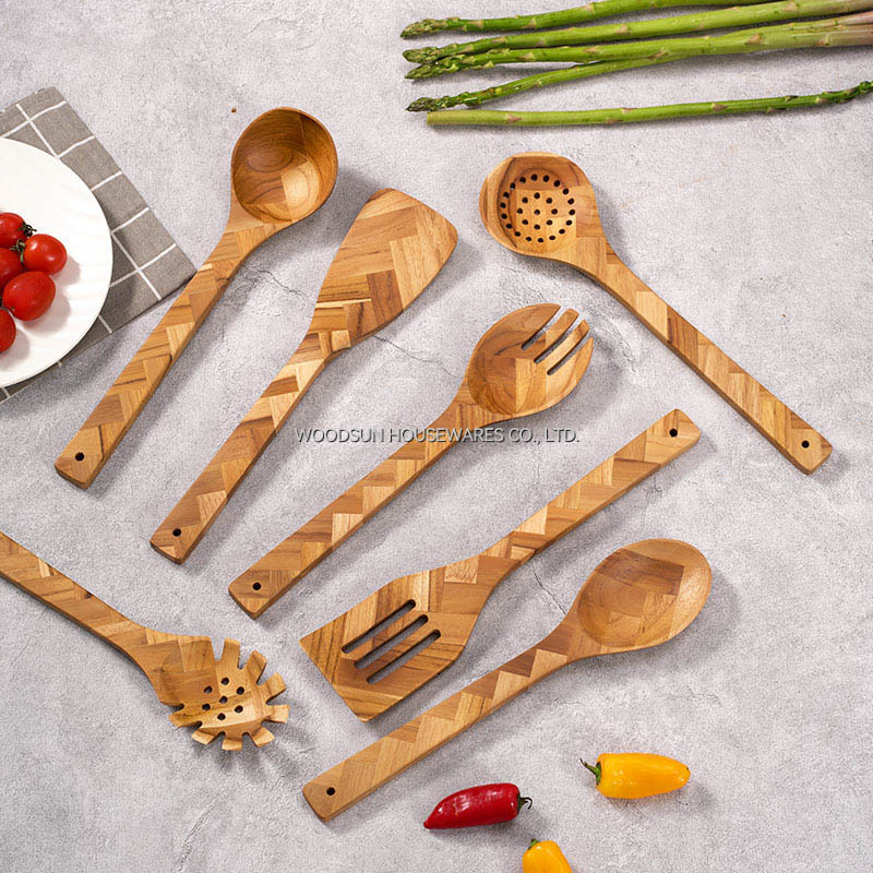 Woodsun Custom Logo Biodegradable Natural Teak Wooden Acacia Kitchen Cooking Spatula Utensil 7 Pc Set