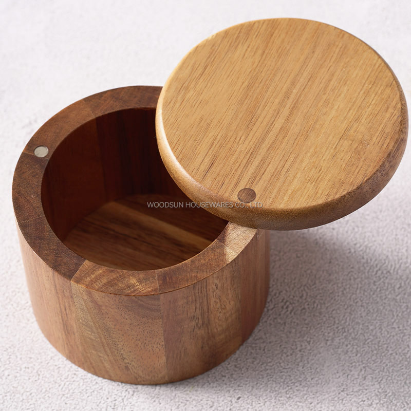 Woodsun Salt Cellar Storage Box Spice Box Salt Jar Wooden with Magnetic Swivel Lid