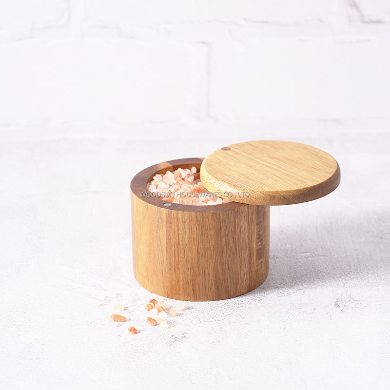 Woodsun Salt Cellar Storage Box Spice Box Salt Jar Wooden with Magnetic Swivel Lid