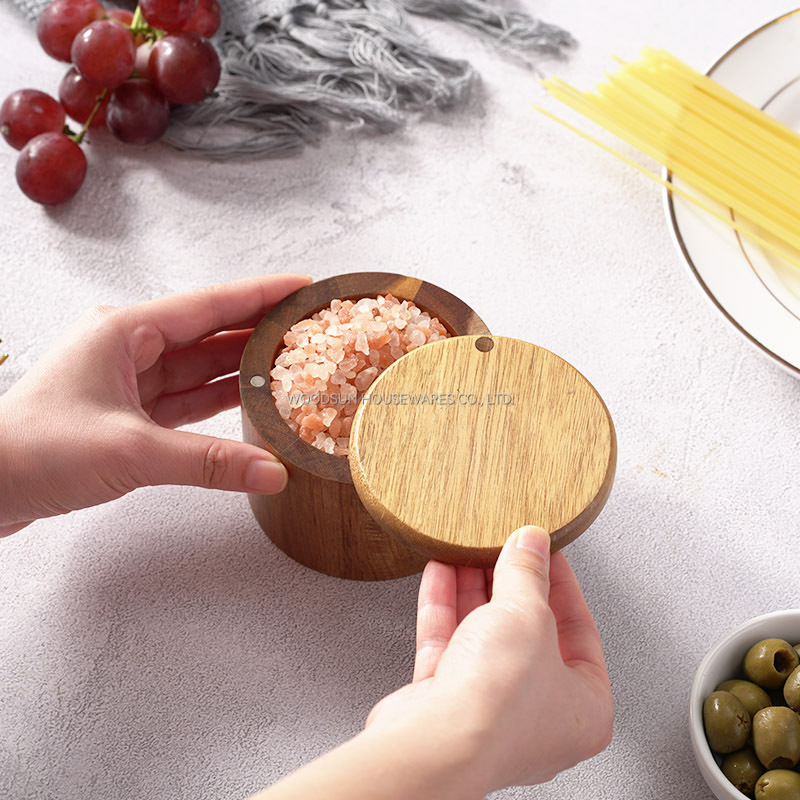 Woodsun Salt Cellar Storage Box Spice Box Salt Jar Wooden with Magnetic Swivel Lid