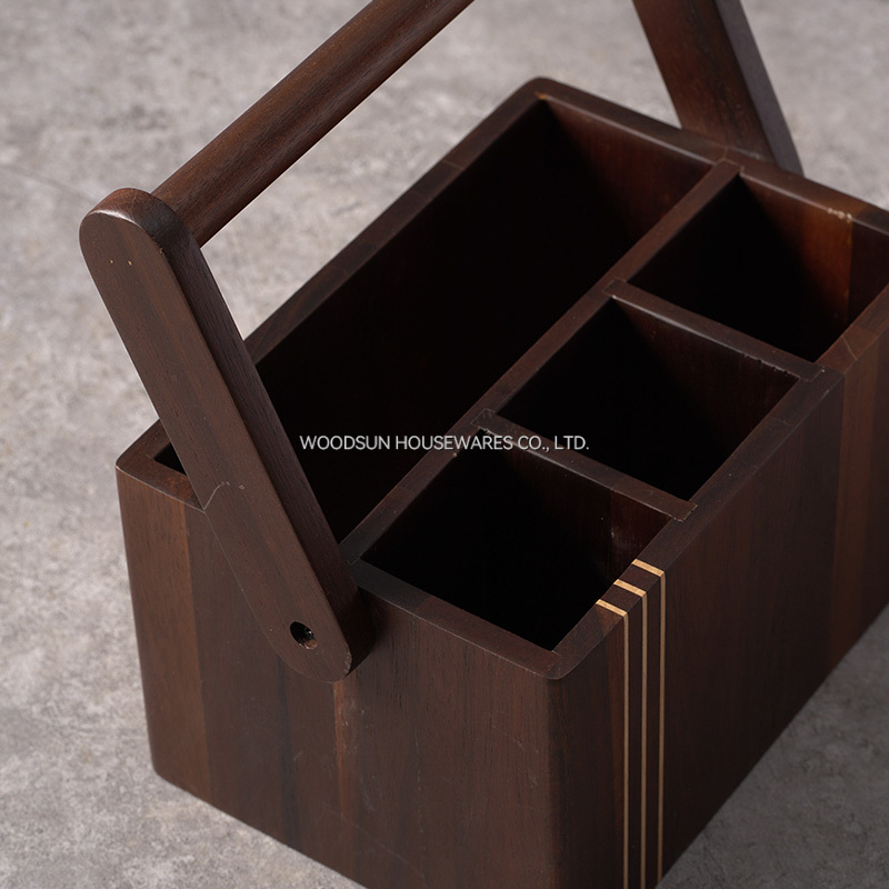 Woodsun Carbonized Acacia Wood MPD Caddy Holder Kitchen Basket Wooden Handle