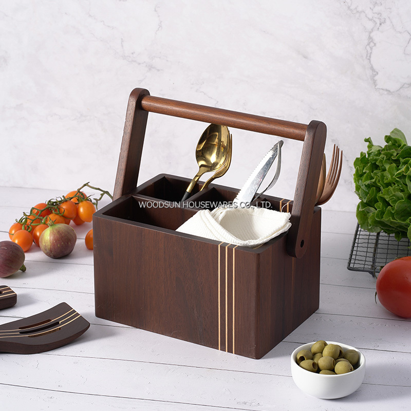 Woodsun Carbonized Acacia Wood MPD Caddy Holder Kitchen Basket Wooden Handle