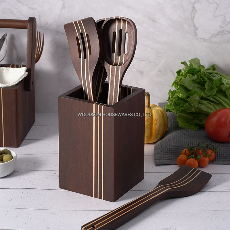 Woodsun Carbonized Acacia Wood Utensils Set for Kitchen Chopsticks Spoon Cutlery Holder