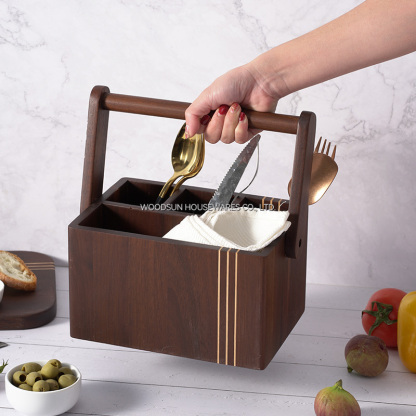 Woodsun Carbonized Acacia Wood MPD Caddy Holder Kitchen Basket Wooden Handle
