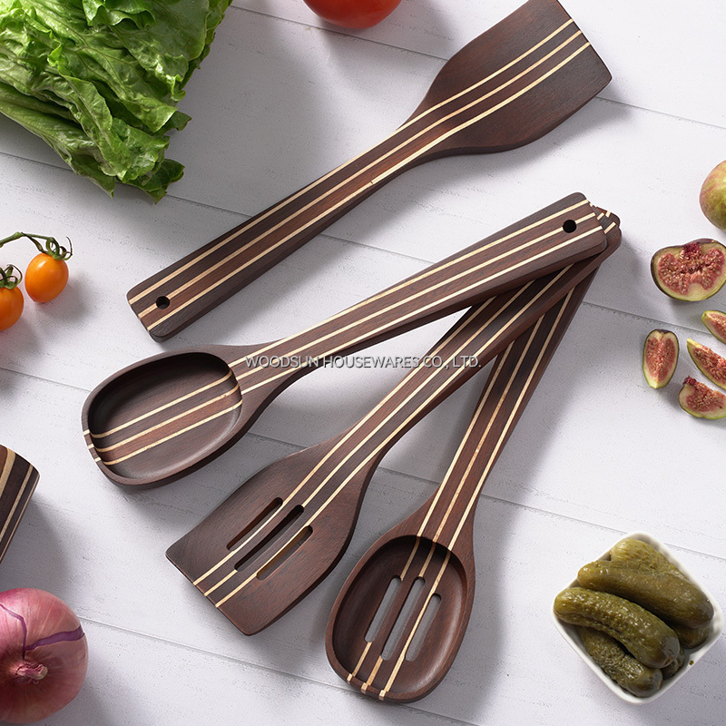 Woodsun OEM Metal Wooden Kitchen Utensil Cutlery Spoon Kitchen Utensils Set