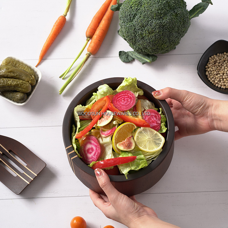 Woodsun Carbonied Acacia Wood Kitchenware Wooden Bowl of Salad