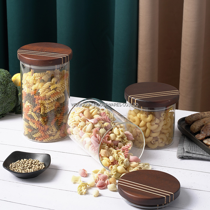 Woodsun Carbonized Acacia Wood Glass Kitchen Canisters Spice Glass Jar With Lid Tea Coffee