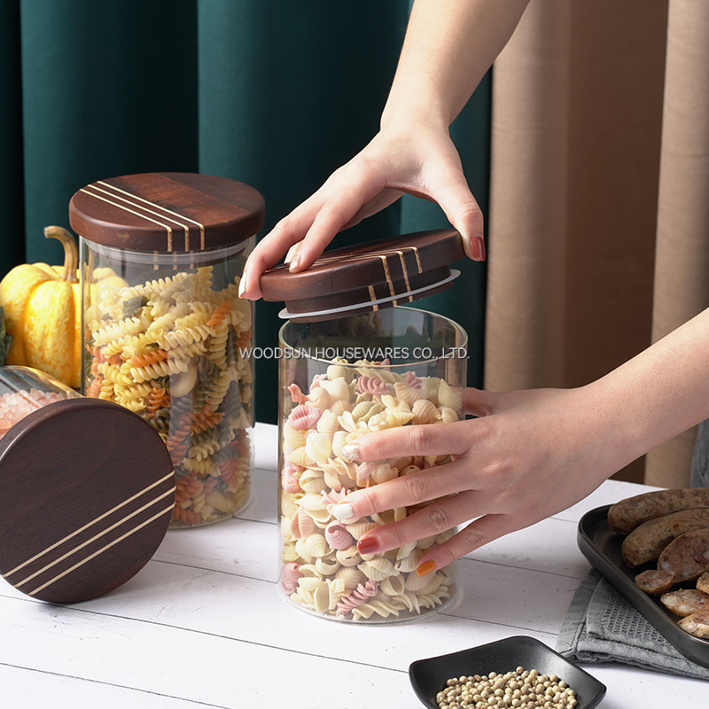 Woodsun Carbonized Acacia Wood Glass Kitchen Canisters Spice Glass Jar With Lid Tea Coffee