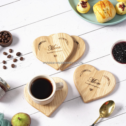 Woodsun Mothers Day Heart Shape Natural Rubber Place Mat Wood Coaster for Coffee Tea