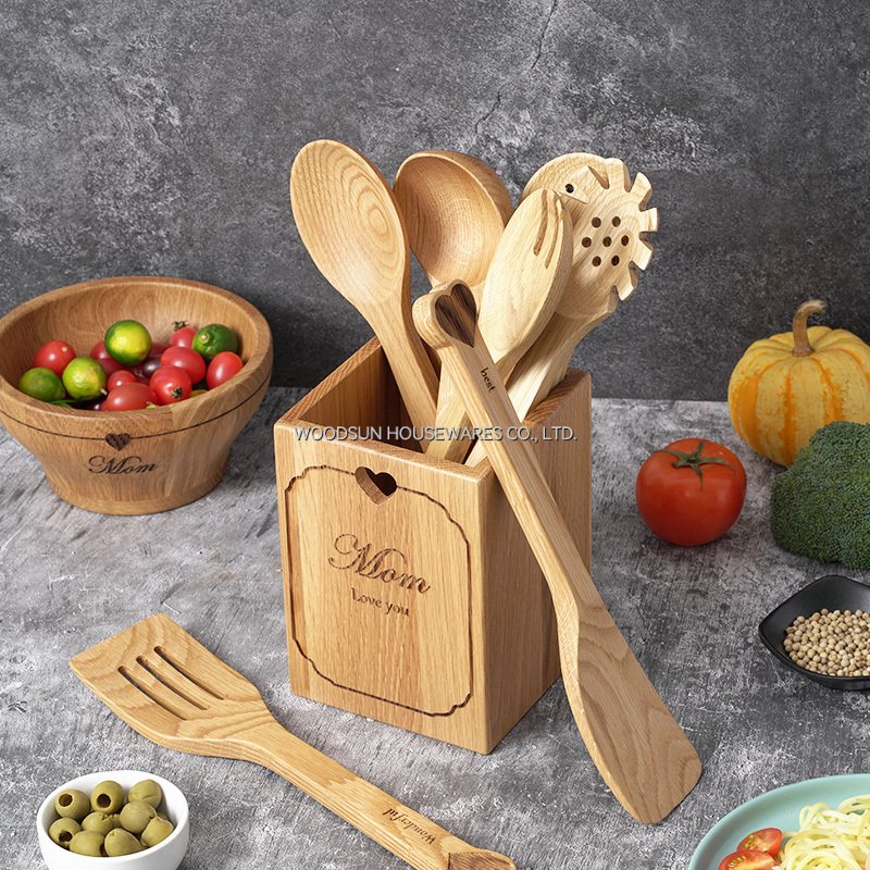 Woodsun OEM ODM Rubber Wooden Box Utensils Set for Kitchen Tools