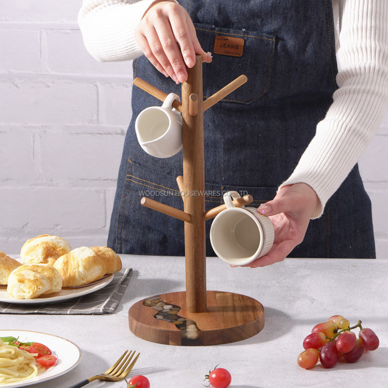 Woodsun Manufacturer Cup Holder Acacia Wood Mug Tree