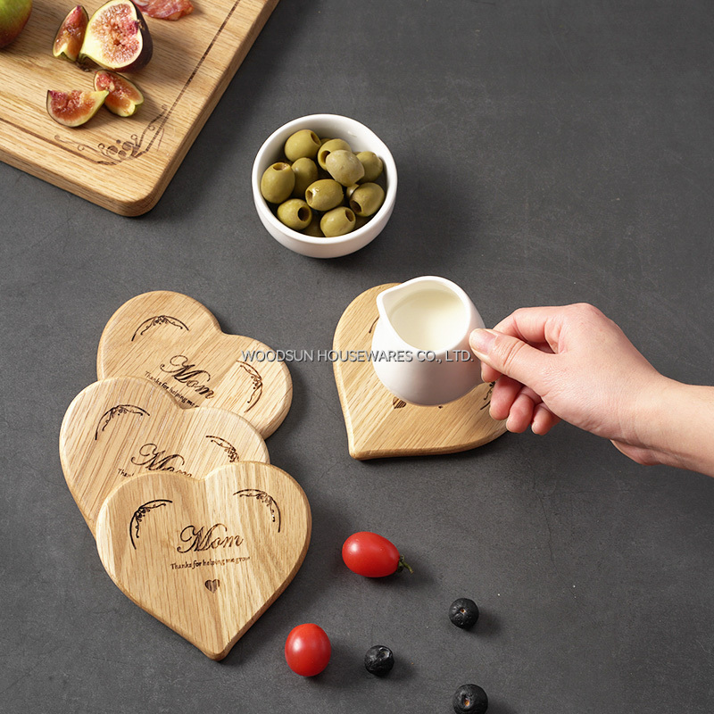 Woodsun Mothers Day Heart Shape Natural Rubber Place Mat Wood Coaster for Coffee Tea