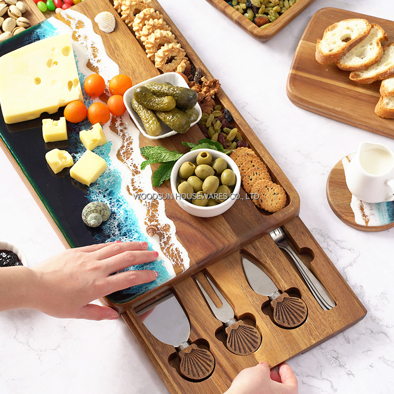 Woodsun Plato De Quesos Expendable Shell Shape Handle Wood Cheese Board Knife Set With Board