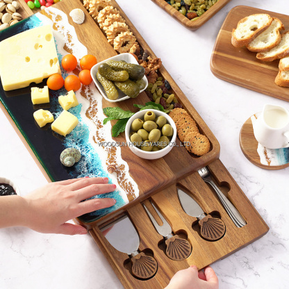 Woodsun Plato De Quesos Expendable Shell Shape Handle Wood Cheese Board Knife Set With Board