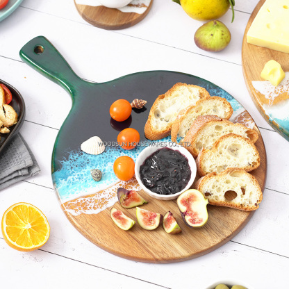 Woodsun Acacia Wood Resin Sea Wave Breakfast Tray Wooden Plates for Restaurants