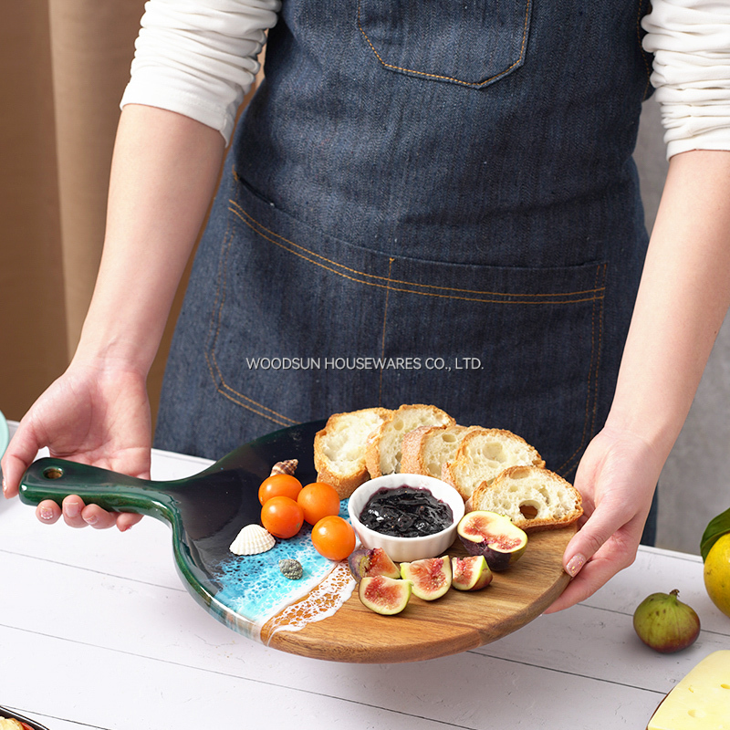 Woodsun Acacia Wood Resin Sea Wave Breakfast Tray Wooden Plates for Restaurants