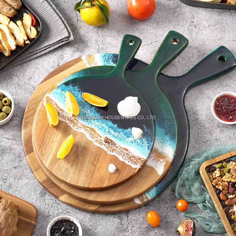 Woodsun Acacia Wood Resin Sea Wave Breakfast Tray Wooden Plates for Restaurants