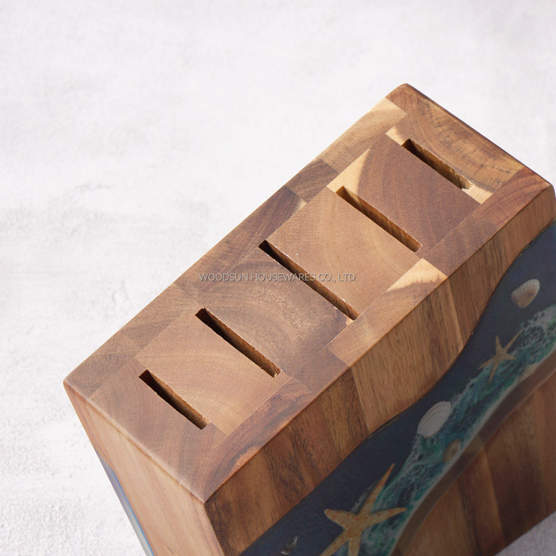 Woodsun New Products Ocean Resin Series High Quality Acacia Wood Knife Block For Kitchen