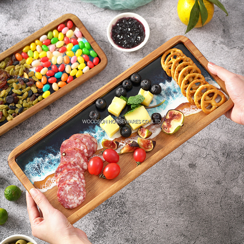 Woodsun Custom Sea Wave Resin Acacia Wooden Serving Fruit Plate