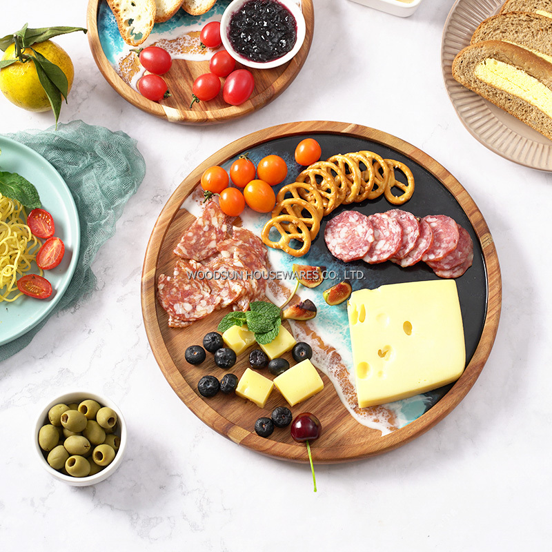Woodsun Acacia Sea Wave Resin Acacia Wood Plates for Food