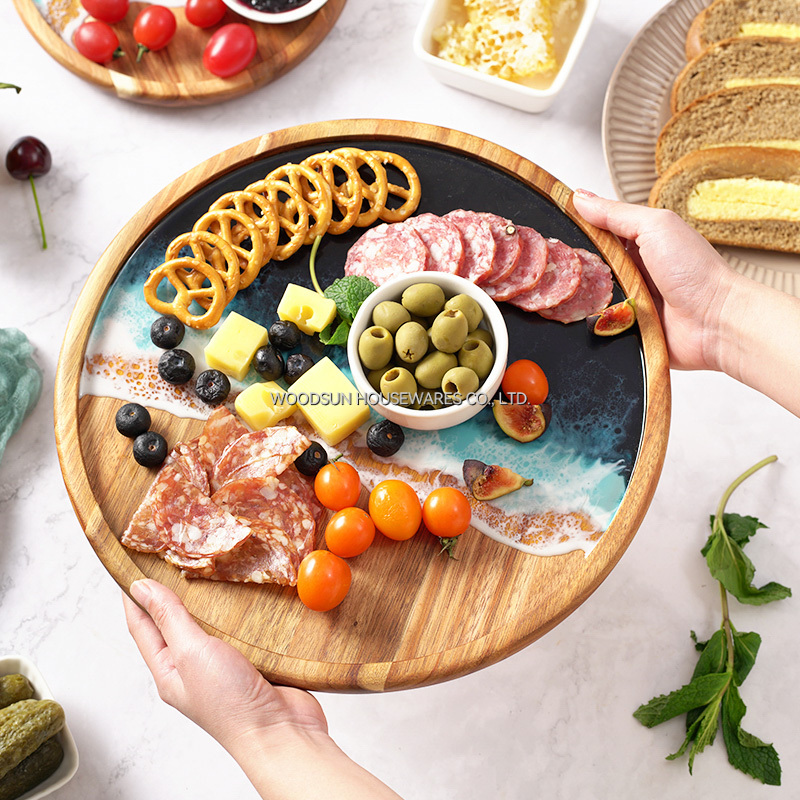 Woodsun Acacia Sea Wave Resin Acacia Wood Plates for Food