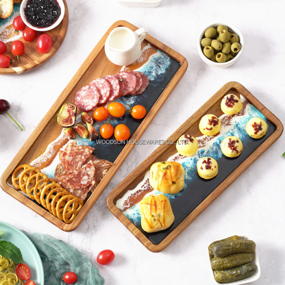 Woodsun Custom Sea Wave Resin Acacia Wooden Serving Fruit Plate