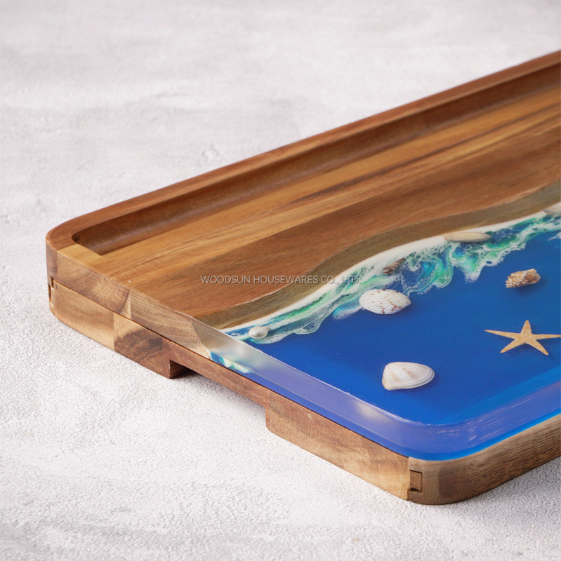 Woodsun 2025 New Product Idea Ocean Resin Series Acacia Wood Cheese Cutting Board Serving Set