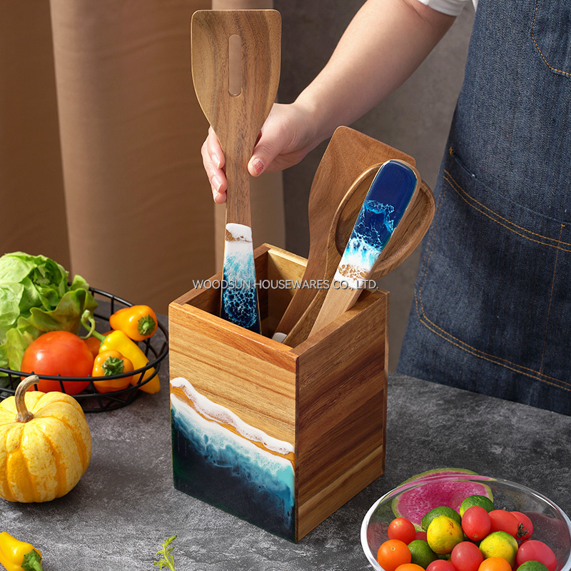 Woodsun 2025 Sea Wave Design Kitchen Wooden Spoon Cutlery Organizer Utensil Holder