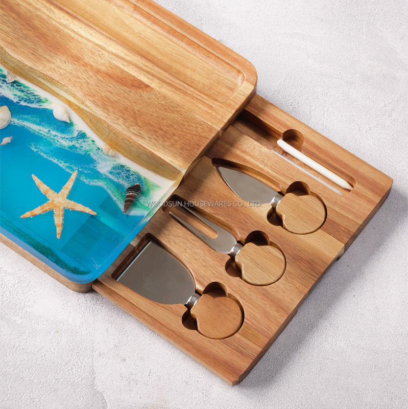 Woodsun 2025 New Product Idea Ocean Resin Series Acacia Wood Cheese Cutting Board Serving Set
