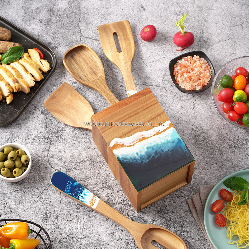 Woodsun 2025 Sea Wave Design Kitchen Wooden Spoon Cutlery Organizer Utensil Holder