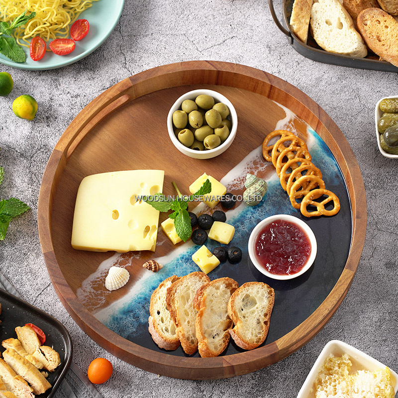 Woodsun Custom Sea Wave Resin Acacia Wood Serving Tray Storage Hotel Tray Set