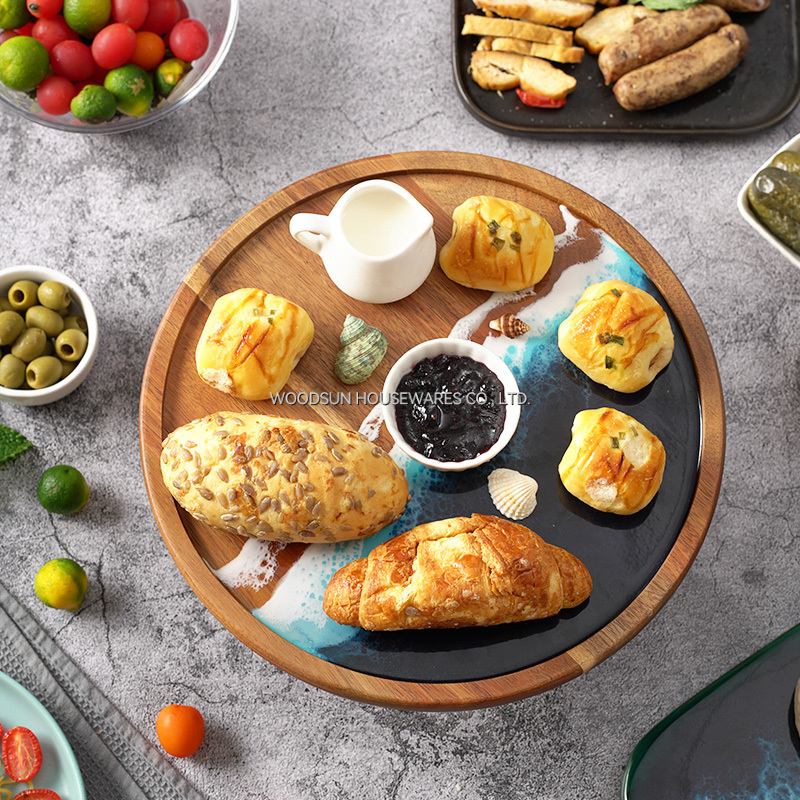 Woodsun 2026 Sea Wave Resin Cake Stand Wooden Plate