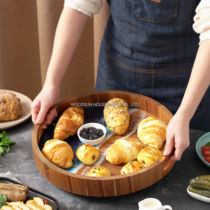 Woodsun Custom Sea Wave Resin Acacia Wood Serving Tray Storage Hotel Tray Set