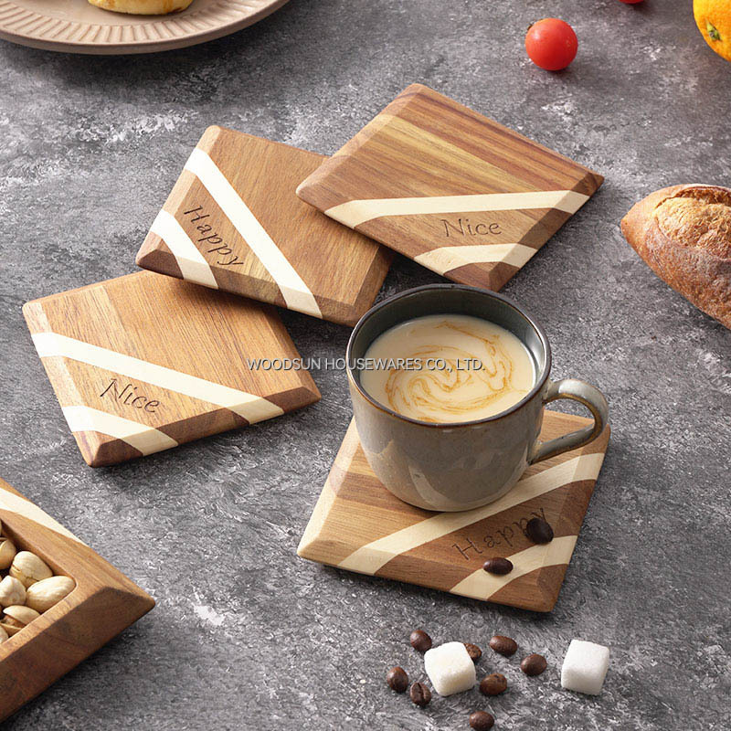 Woodsun Professional Made Double Twill Design Acacia Wood Coaster Coffee Drink Tea Coasters