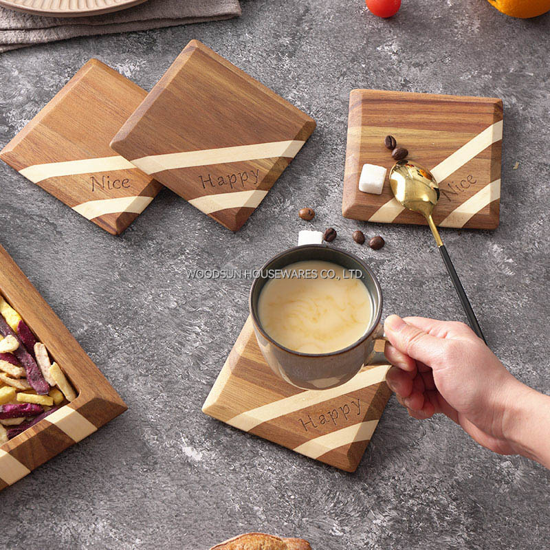 Woodsun Professional Made Double Twill Design Acacia Wood Coaster Coffee Drink Tea Coasters