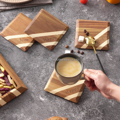 Woodsun Professional Made Double Twill Design Acacia Wood Coaster Coffee Drink Tea Coasters